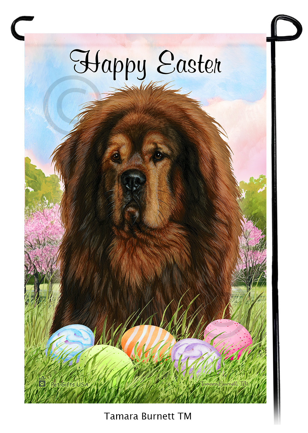 Tibetan Mastiff Dark Brown Happy Easter Garden Flag image